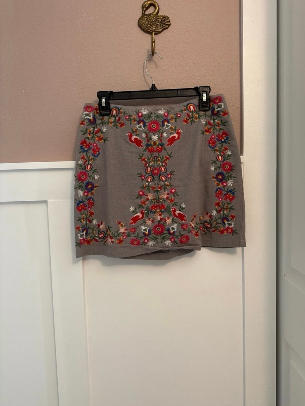 Altar'd State Taupe Mini Skirt with Multicolor Embroidery
